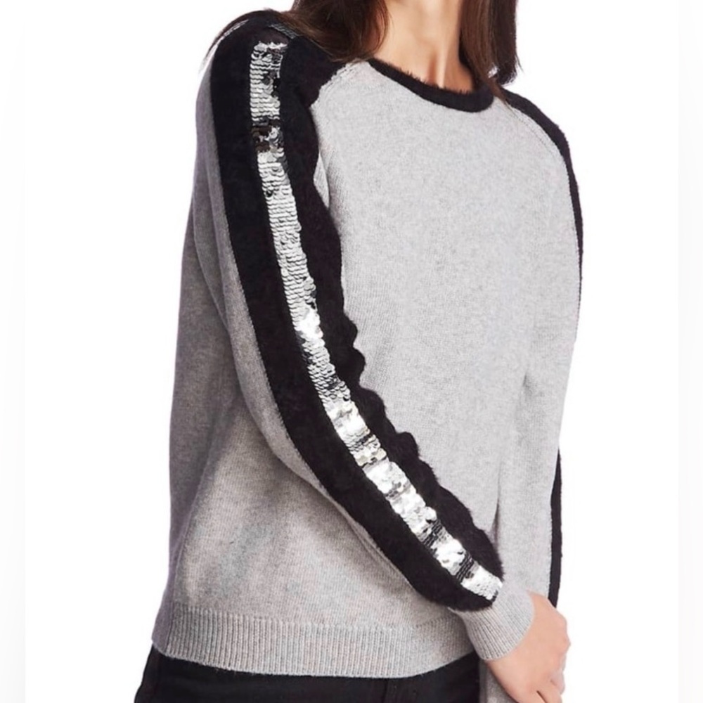 1.STATE GRAY WITH BLACK SILVERWARE SEQUIN STRIPE SLEEVES SWEATER WOMENS XS NWT